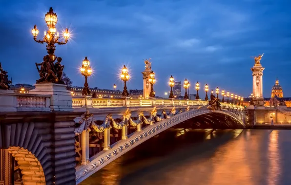 Картинка свет, город, река, Франция, Париж, вечер, освещение, фонари