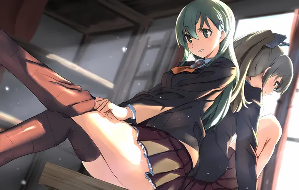 Sexy, school uniform, thighhighs, green eyes, long hair, legs, girls, anime