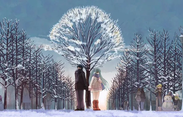 Картинка зима, девушка, облака, снег, деревья, дети, парк, люди