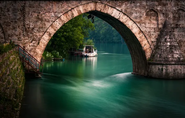 Картинка мост, природа, река, лодка