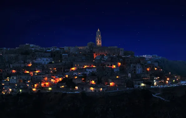 City, lights, night, italy, Sassi di Matera