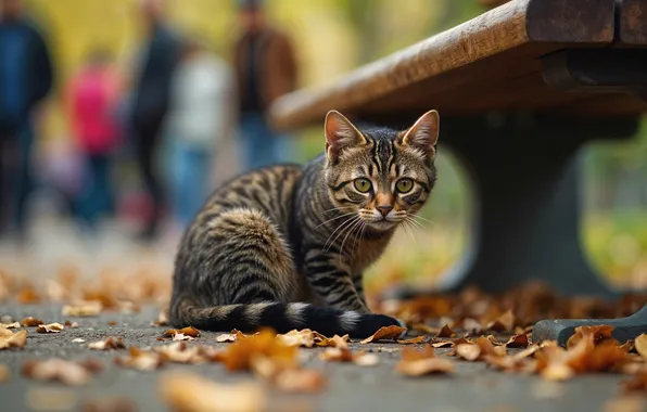 Дорога, осень, кошка, взгляд, скамейка, поза, парк, котенок