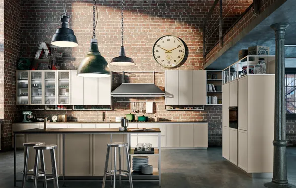 Интерьер, кухня, стиль лофт, industrial loft