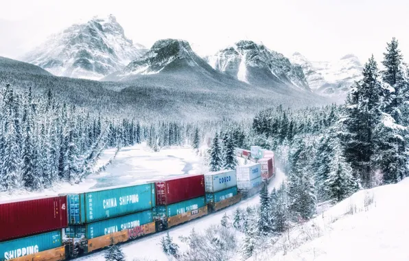 Зима, лес, снег, горы, поезд, Канада
