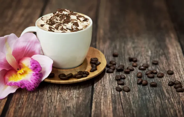 Картинка цветок, пена, розовая, кофе, шоколад, зерна, чашка, напиток