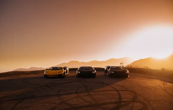 Lamborghini, cars, sunset, aventador