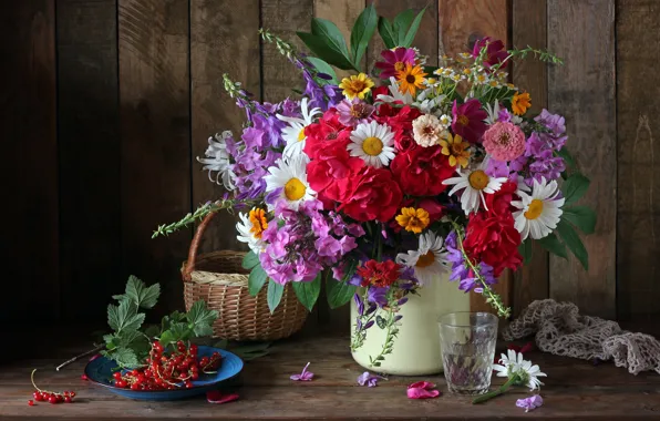 Осень, цветы, ягоды, букет, colorful, натюрморт, смородина, flowers