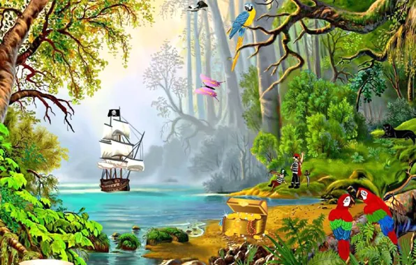 Парусник, пираты, сундук, сокровища, детские обои, ship in exotic nature