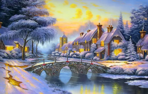 Картинка зима, небо, снег, мост, река, улица, дома, вечер