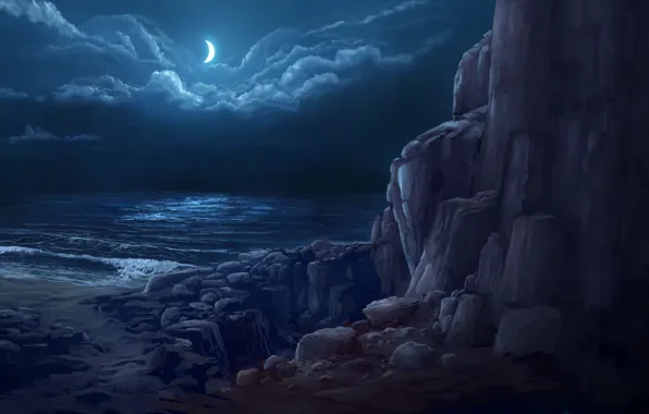 Картинка море, облака, ночь, скалы, берег, месяц, арт