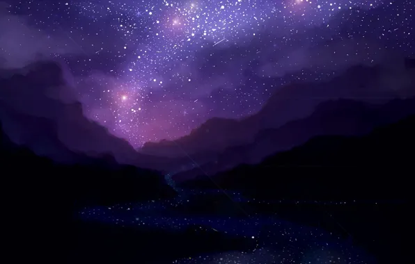 Ночь, арт, звездное небо