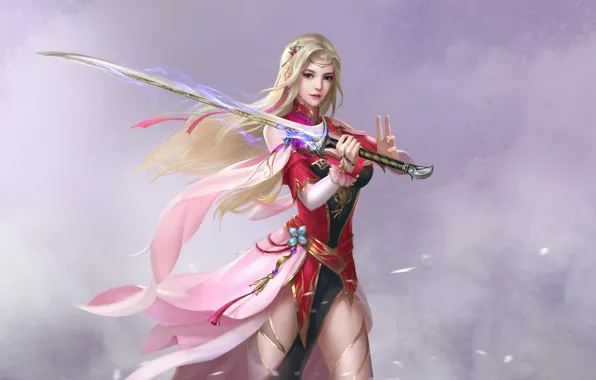 Девушка, Блондинка, Стиль, Girl, Меч, Костюм, Fantasy, Арт