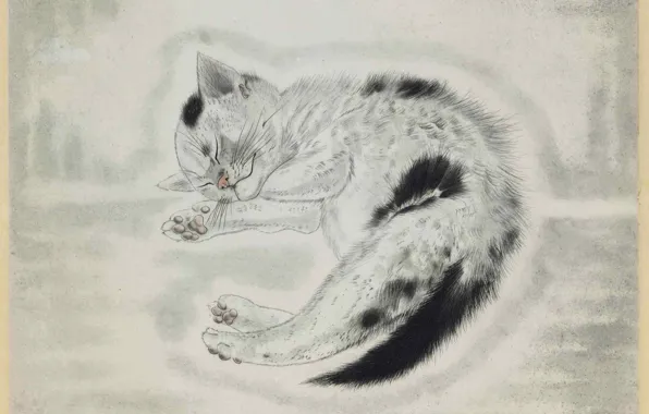 Картинка хмурый, 1930, гравюра, Цугухару, Фудзита, спящий котенок, цветной офорт