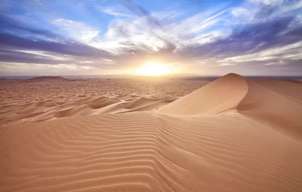 Картинка солнце, тучи, пустыня, дюны, пески, Morocco, Er Rachidia, Merzouga