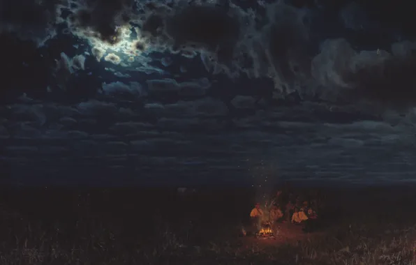 Картинка облака, огонь, масло, лунный свет, Холст, костёр, Николай СЕРГЕЕВ, Ночью в степи