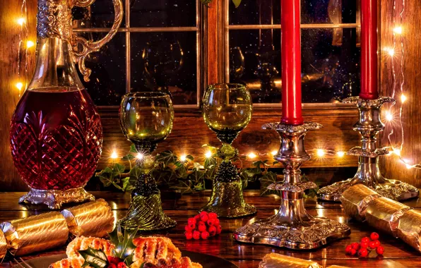 Ягоды, вино, свечи, бокалы, окно, Рождество, пирожное, выпечка