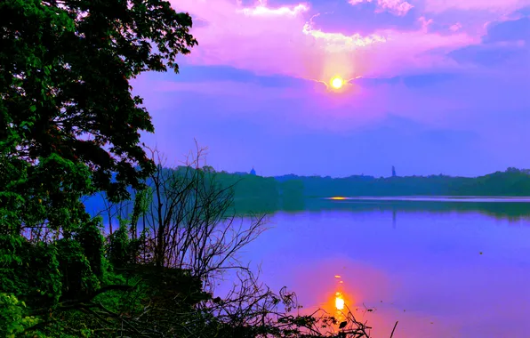 Sun, Water, Sunrise, Dawn, Morning, Lake, Trees, Reflection