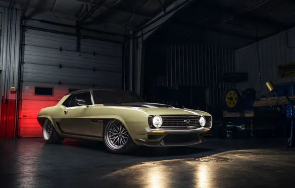 Chevrolet, Ворота, 1969, Camaro, Фары, Диски, Chevrolet Camaro, Muscle car
