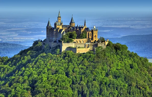 Картинка лес, пейзаж, природа, высота, гора, Германия, Замок, крепость