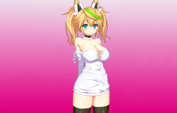 Girl, sexy, cleavage, thighhighs, green eyes, long hair, dress, boobs