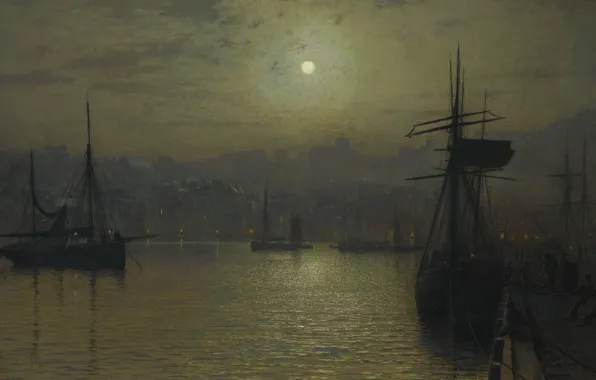 Картинка корабль, картина, гавань, Джон Эткинсон Гримшоу, John Atkinson Grimshaw, Старый Скарборо. Полная Луна. Прилив