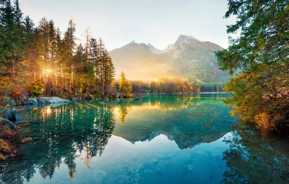 Autumn, mountain, lake, sunlight