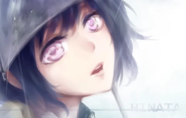 Картинка девушка, надпись, зонт, открытый рот, синие волосы, короткие волосы, фиолетовые глаза, Hyuuga Hinata