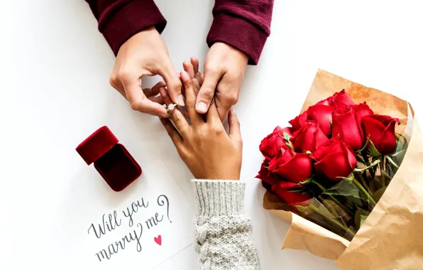 Надпись, розы, букет, руки, кольцо