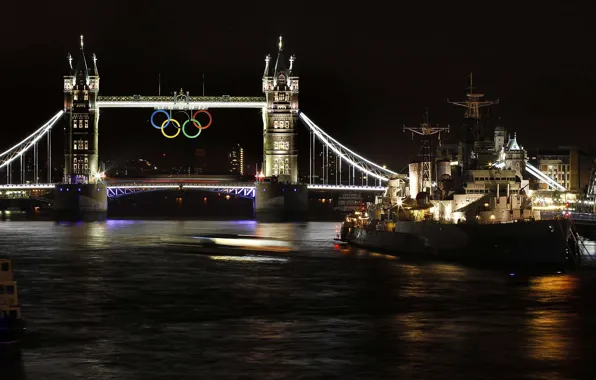 Картинка ночь, река, корабль, Англия, Лондон, Темза, Тауэрский мост, крейсер