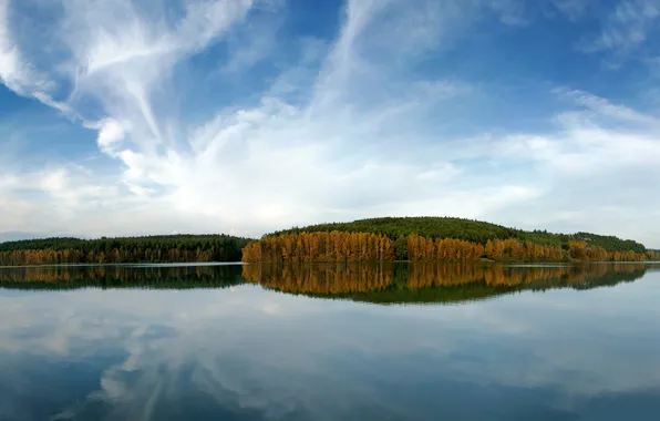 Картинка небо, вода, деревья, природа, озеро, фото, обои, пейзажи