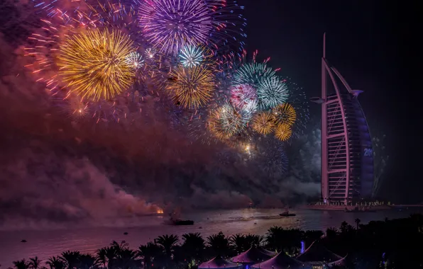 Картинка Dubai, night, New Year, fireworks, UAE