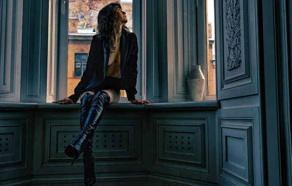 Girl, beautiful, model, sweet, boots, jacket, curly, charming