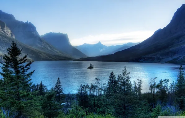 Forest, trees, nature, mountains, lake, island, morning, Glacier National Park