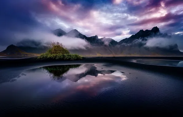 Облака, горы, туман, Исландия, Стокнес