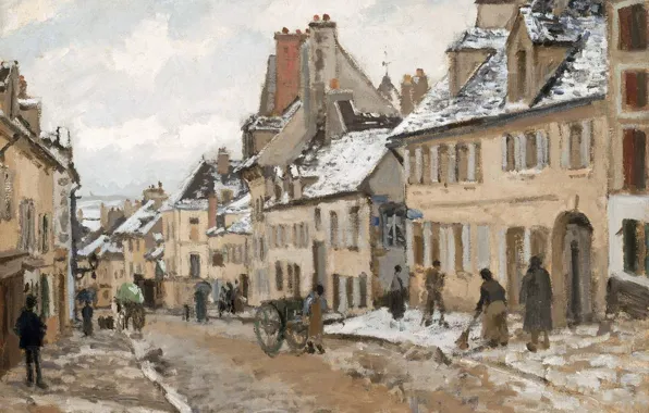 Улица, дома, картина, городской пейзаж, Камиль Писсарро, Понтуаз. Дорога в Жизор Зимой