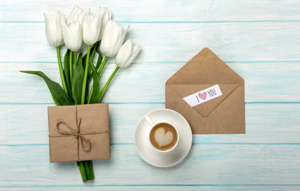 Картинка любовь, подарок, букет, love, romantic, tulips, coffee cup, valentine's day