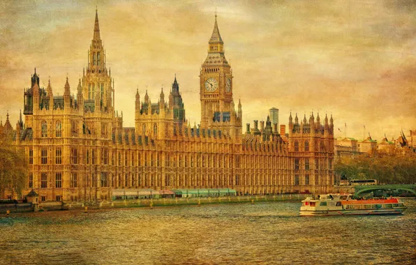 Картинка небо, река, часы, Англия, Лондон, башня, Темза, парламент