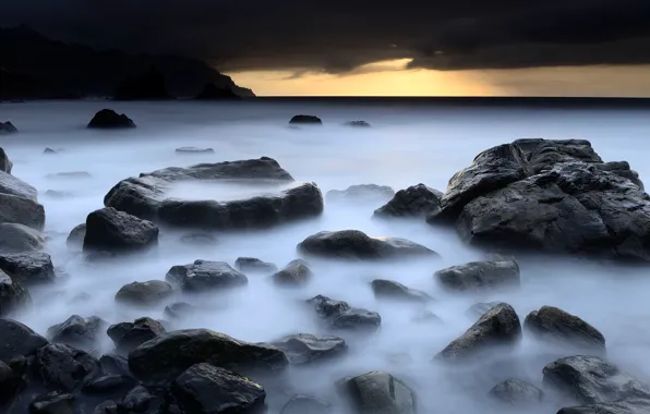 Море, небо, пейзаж, тучи, природа, туман, камни, пасмурно