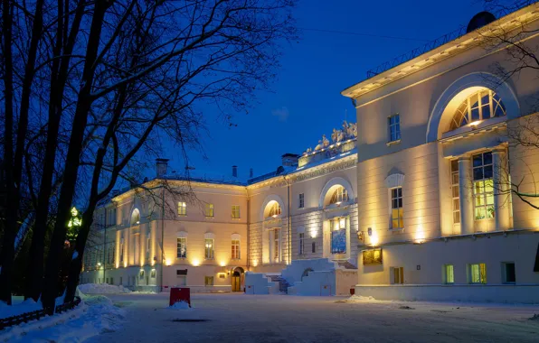 Картинка зима, снег, деревья, ночь, огни, фонари, Москва, Россия