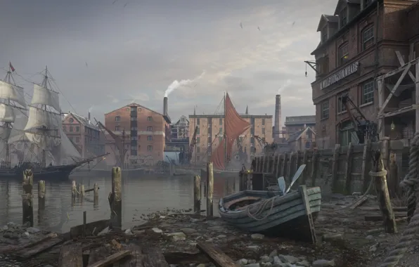 Картинка город, лодка, здания, парусник, гавань, Thames depthneeded, Dmitry Kremiansky