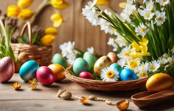 Картинка цветы, яйца, весна, colorful, Пасха, happy, flowers, spring