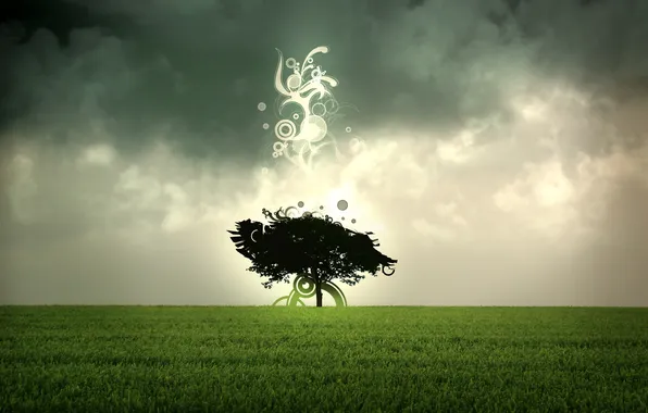 Картинка поле, зеленая трава, одинокое дерево, abstract tree, темные облака, абстрактное дерево, абстрактные формы