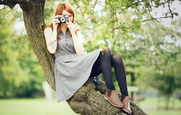 Картинка девушка, дерево, фотоапарат