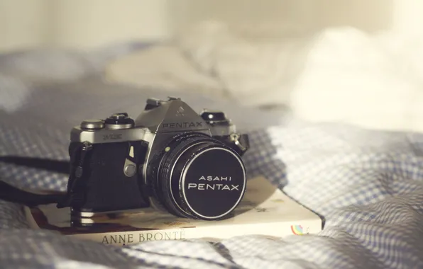 Camera, book, bed, bedroom, sunlight, Pentax