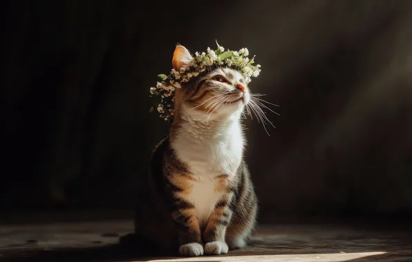 Кошка, кот, взгляд, свет, цветы, поза, темный фон, мордашка