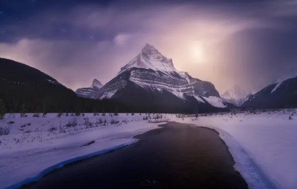 Картинка зима, звезды, снег, горы, ночь, река