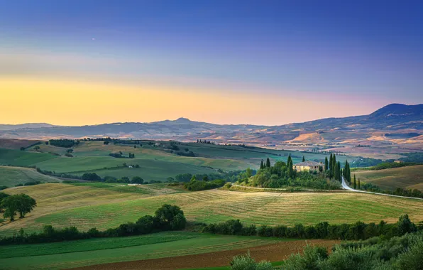 Холмы, поля, Тоскана, Италии, Tuscany, San Quirico d'Orcia