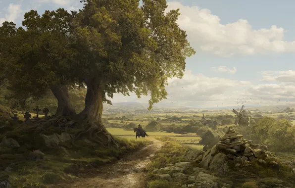 Долина, мельница, всадник, Solomon Kane, France Landscape