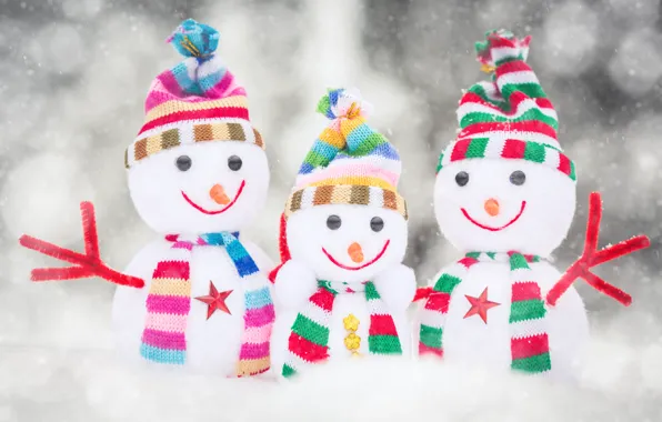 Зима, снег, снежинки, шапка, colorful, шарф, снеговики, happy