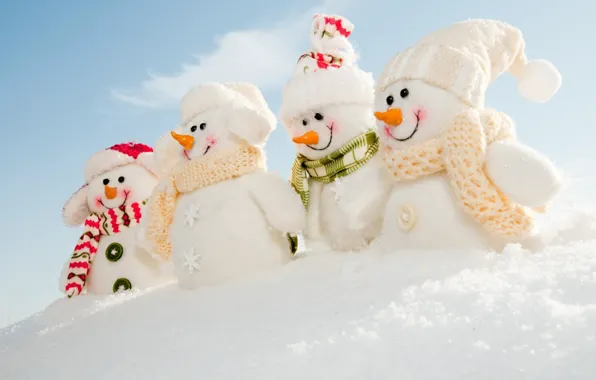 Картинка зима, снег, снеговик, шапки